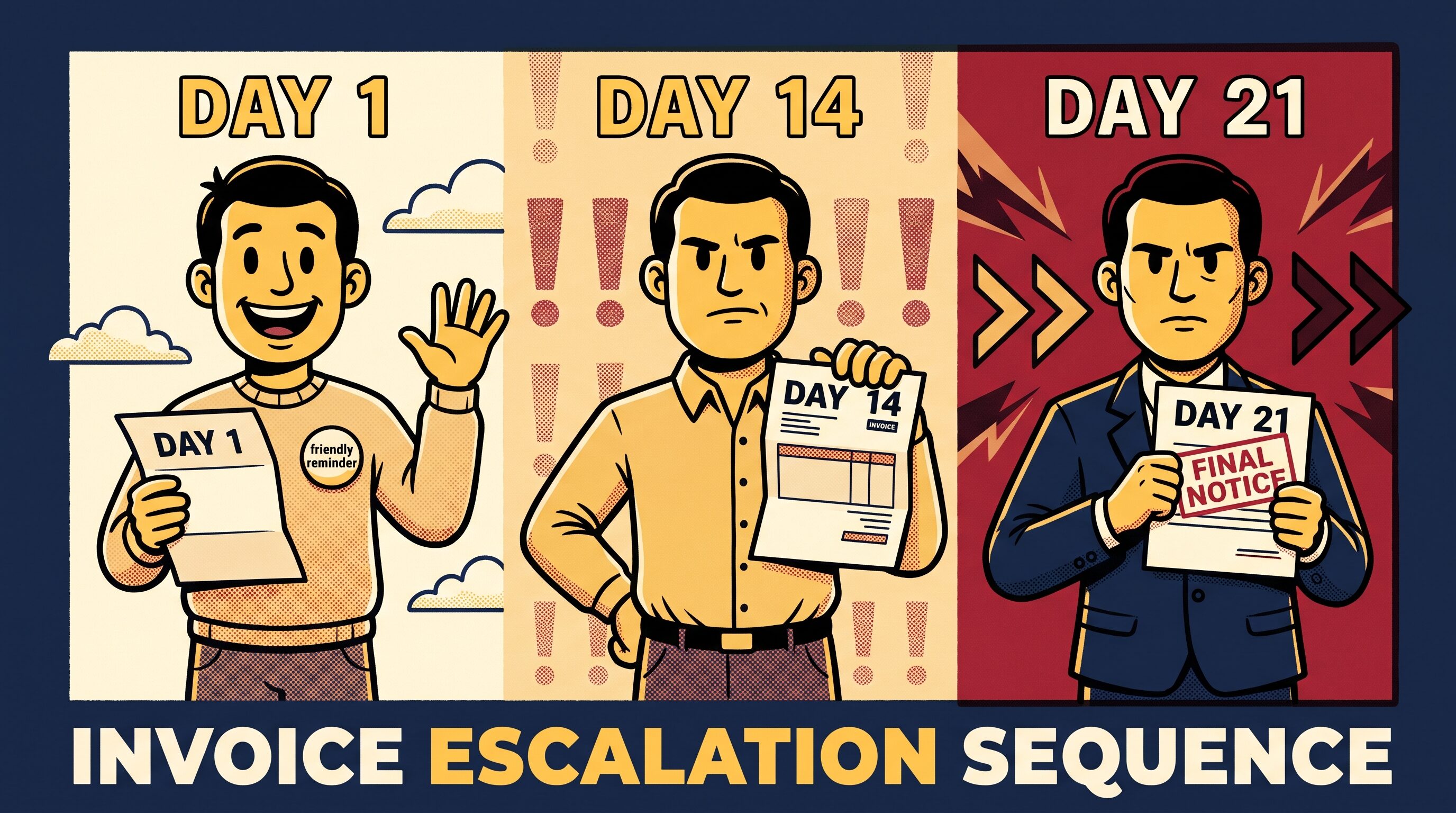 Invoice escalation sequence: friendly reminder on day 1, firm follow-up on day 14, final notice on day 21