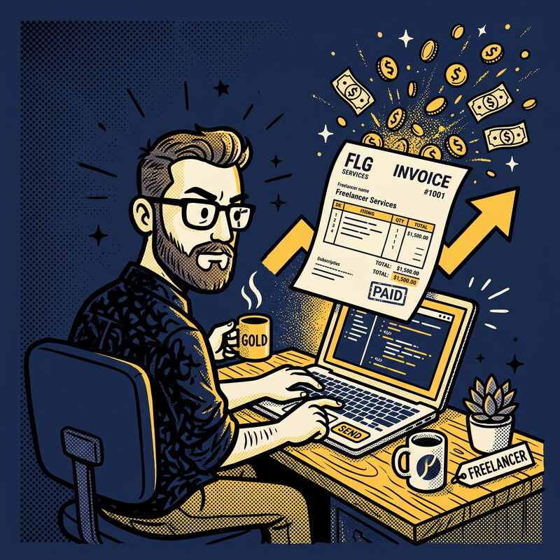 Freelancer sending invoice on laptop