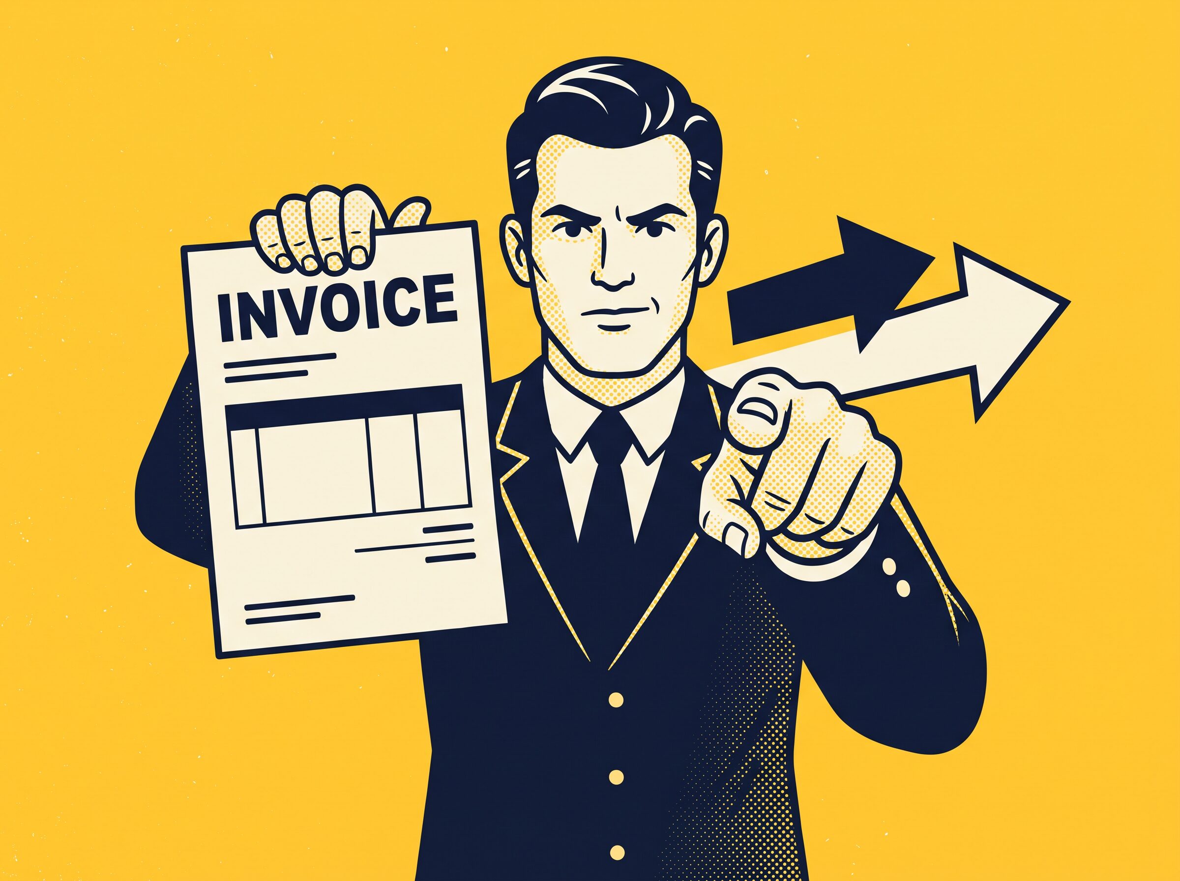 Direct tone: a confident professional holding an invoice and pointing forward