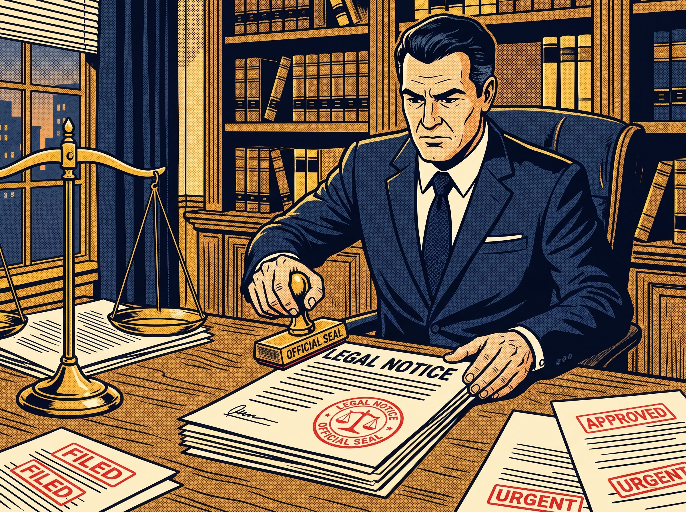 Formal tone: an attorney stamping a legal notice document with scales of justice