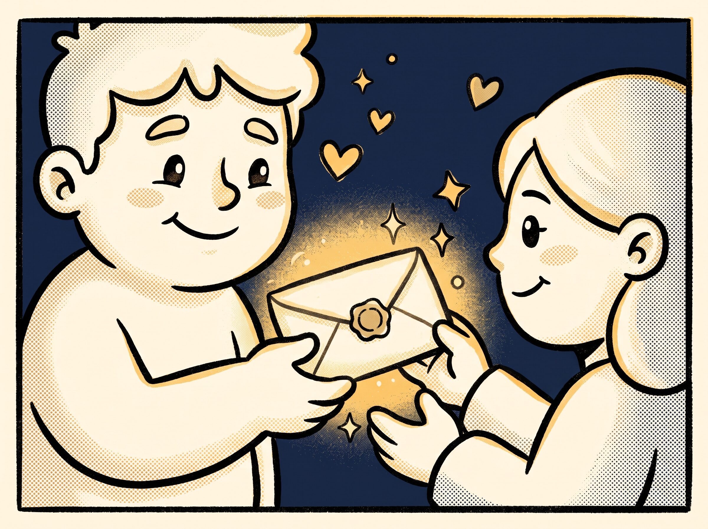 Velvet tone: two characters warmly exchanging a glowing letter
